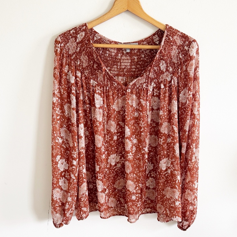 Daniel Rainn brown floral long sleeve smocked blouse top size Medium